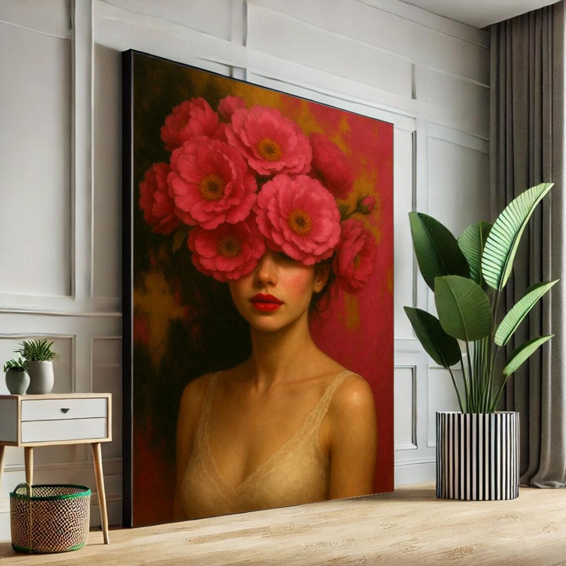 Surreal Floral Woman Portrait Pink Flowers Romantic Art Poster