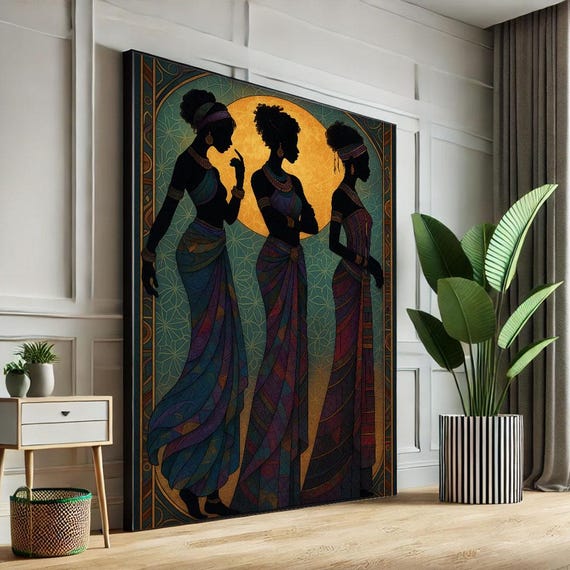 Bold African Women Silhouette Canvas Wall Art Print Modern Boho Living Room Decor Statement Piece