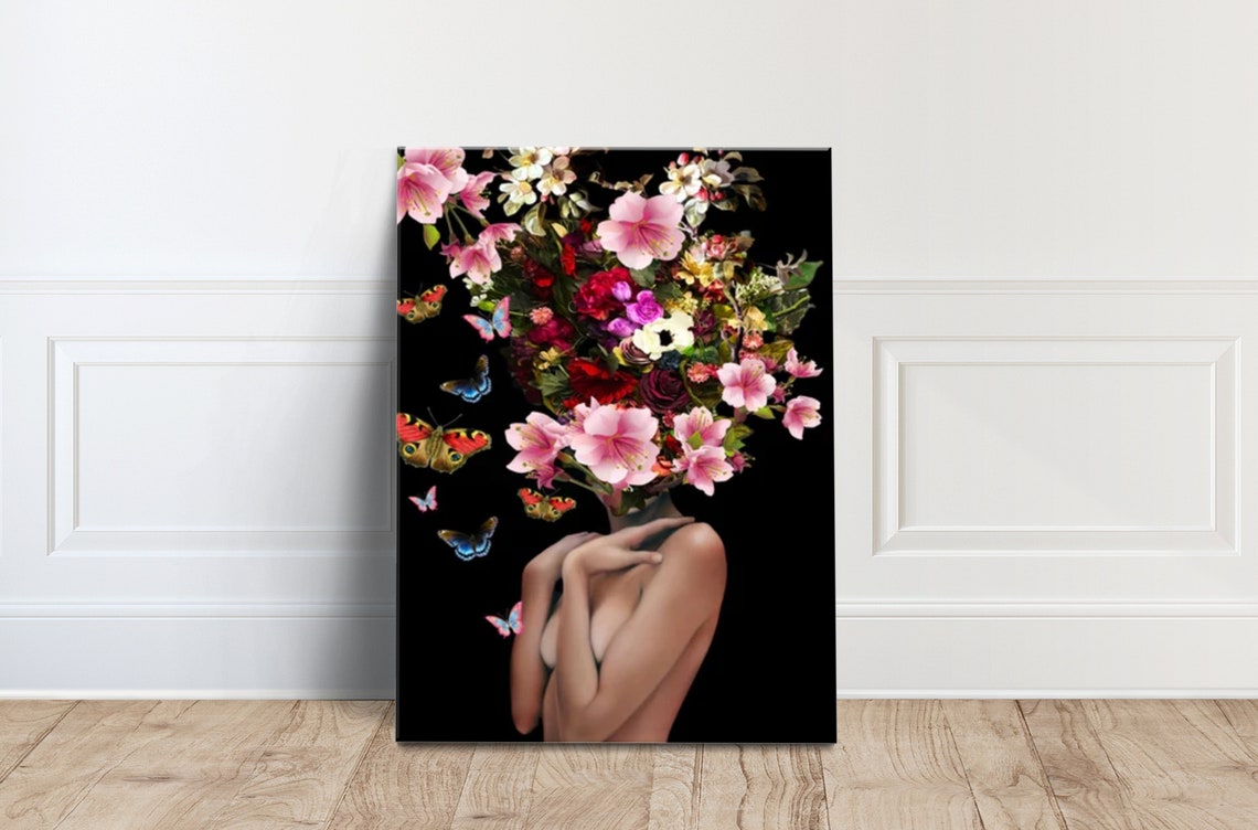 Surreal Floral Head Woman With Butterflies Black Canvas Art Poster