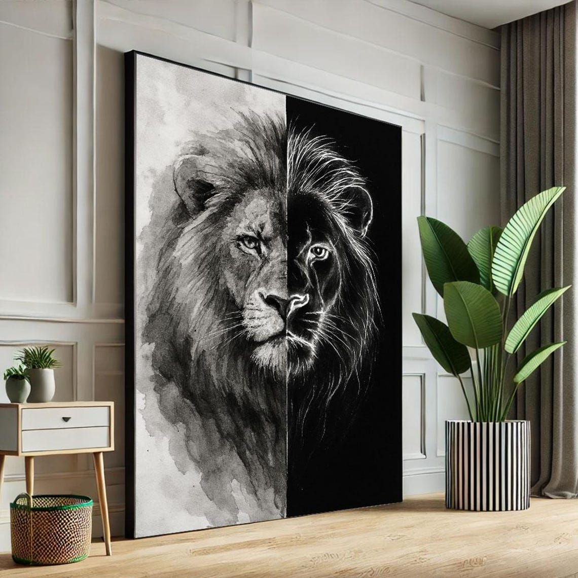 Black and White Split Lion Portrait Day Night Monochrome Art Poster