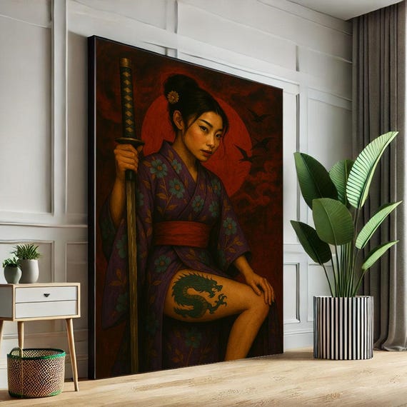 Powerful Samurai Woman Canvas Wall Art Print Bold Japanese Style Living Room Decor Statement Piece