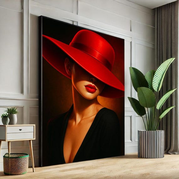 Mysterious Woman In Red Hat Canvas Wall Art Print Modern Glamour Living Room Decor Statement Piece