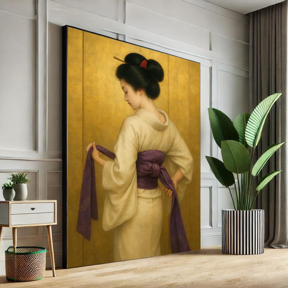 Geisha Tying Purple Obi White Kimono Gold Screen Japanese Art Poster