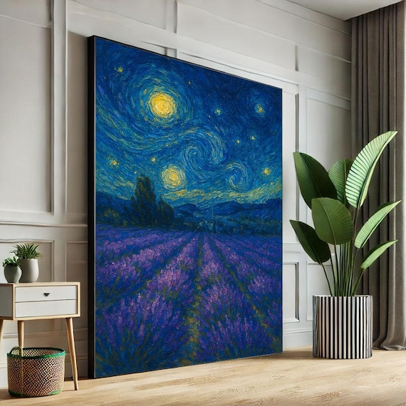 Swirling Starry Night Lavender Field Impressionist Night Sky Art Poster