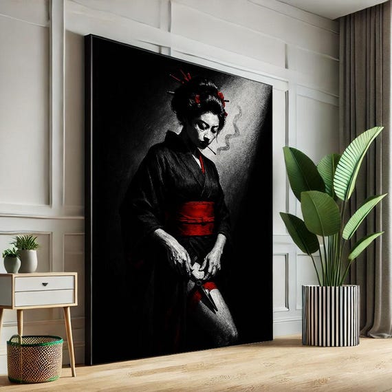 Mysterious Geisha Warrior Canvas Wall Art Print Bold Japanese Style Living Room Decor Statement Piece