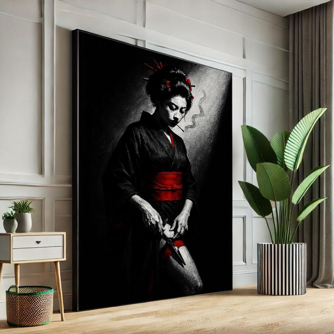 Geisha Smoking Cigarette Black White Red Obi Film Noir Art Poster