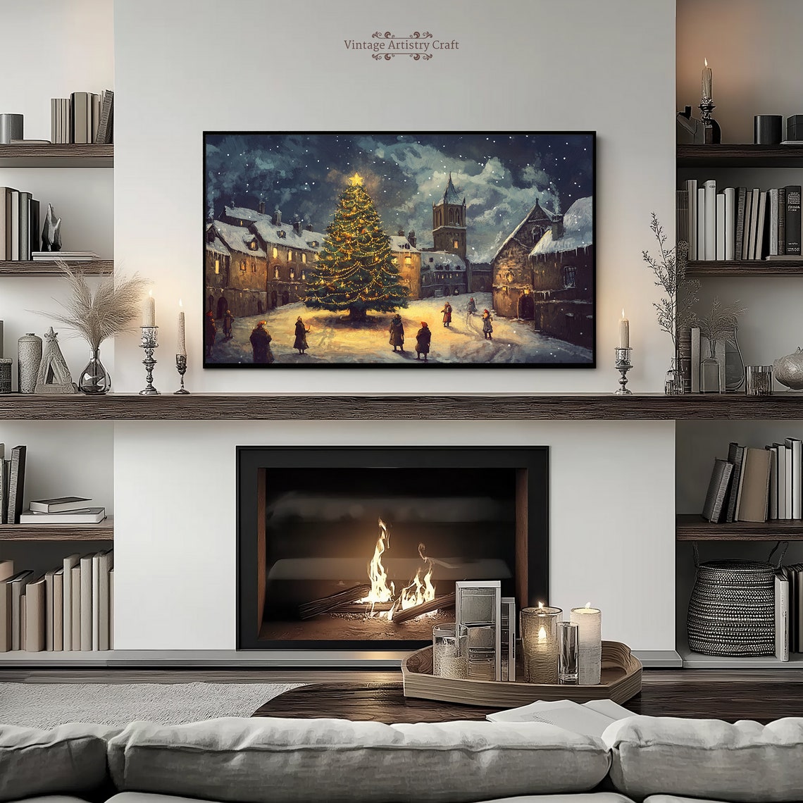 Christmas Tree Star Town Square Snowy Winter Village Night Poster - Image 5