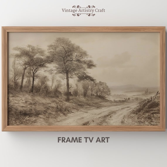 Vintage Frame Tv Art Neutral Antique Rustic Landscape Sketch Art Neutral Colors Farmhouse Decor Hisense Tv
