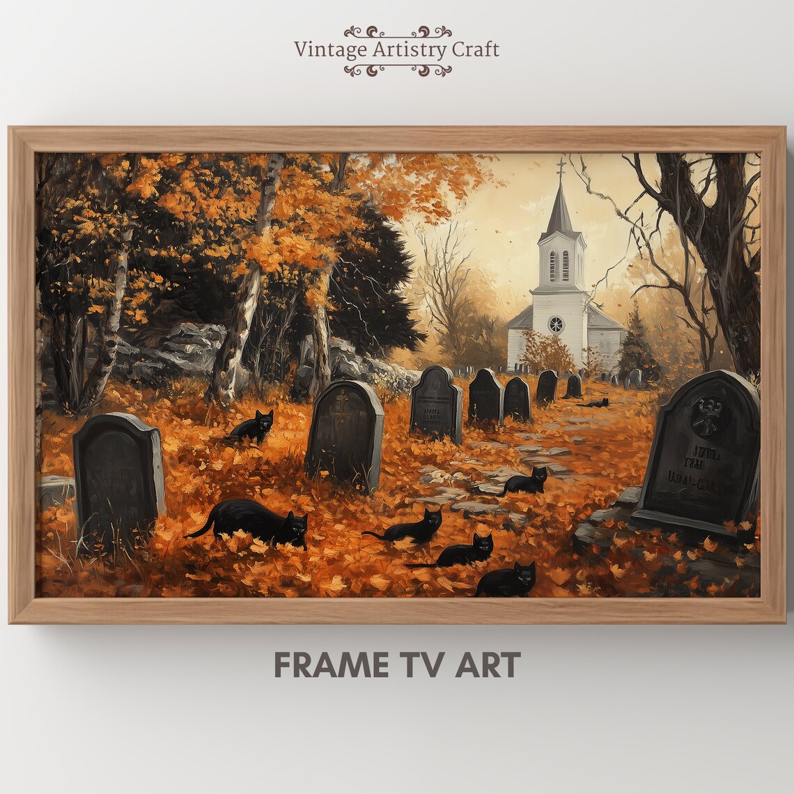 Spooky Black Cats Autumn Graveyard Halloween Vintage Painting Poster