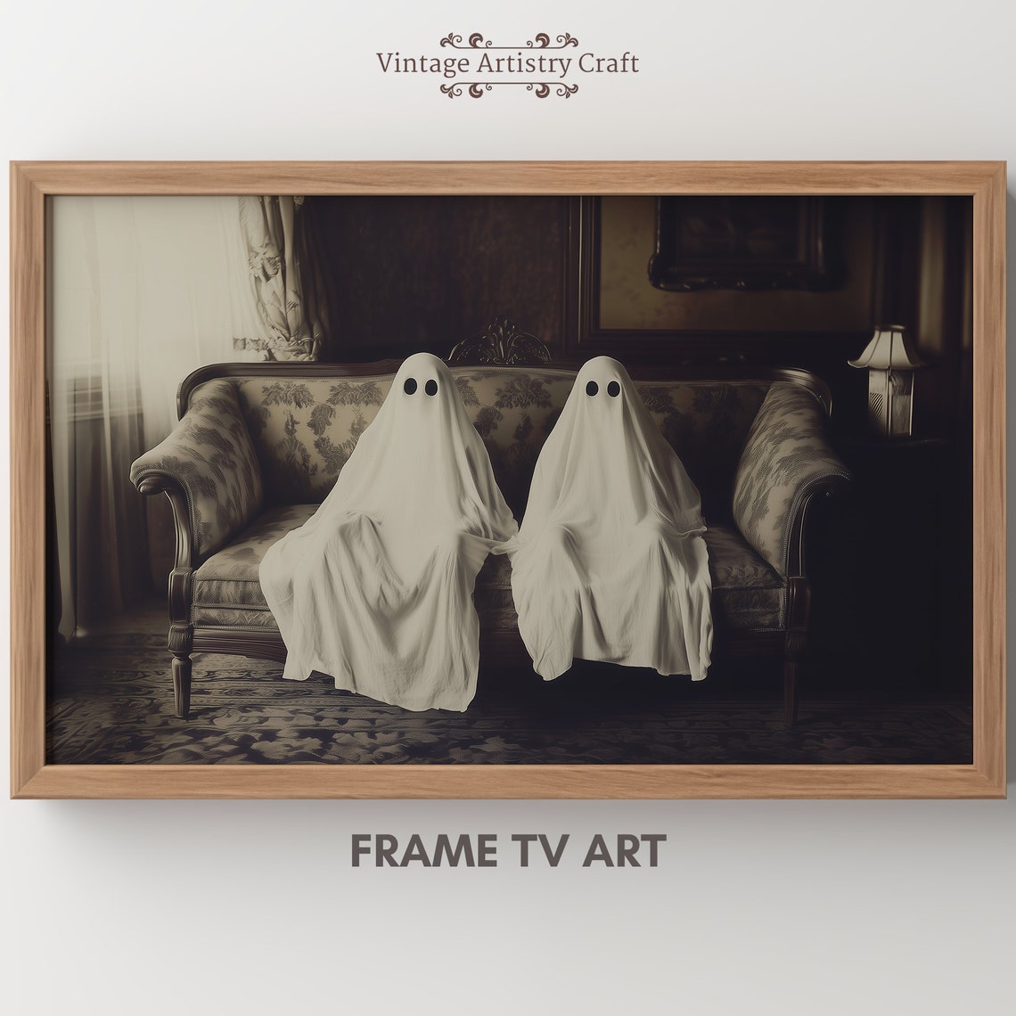 Two Ghosts Vintage Sofa Dark Interior Spooky Halloween Art Poster