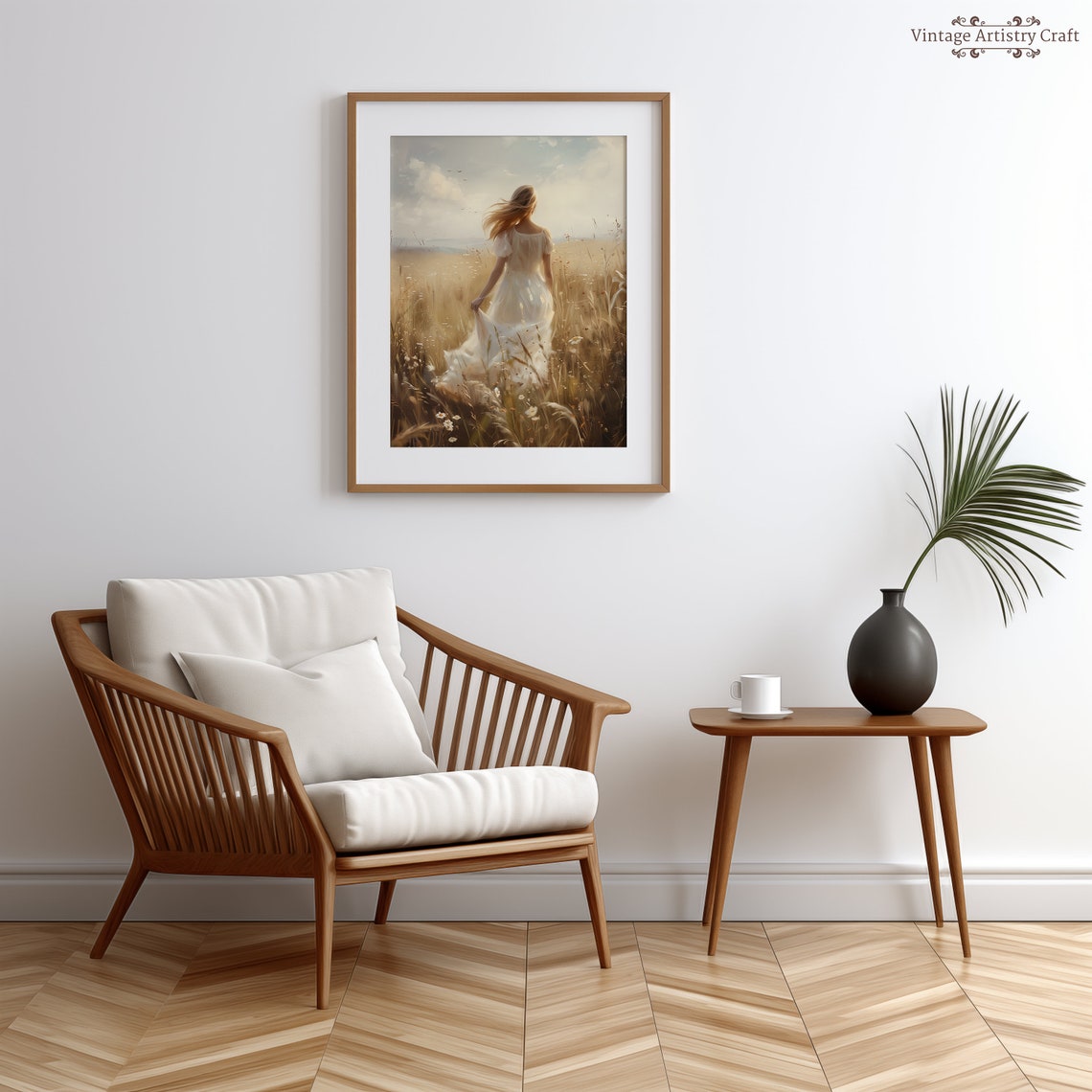 White Dress Woman In Wildflower Field Painting Cottage Core Farmhouse Art Oil Painting Spring Home Decor 300 Dpi - Image 3