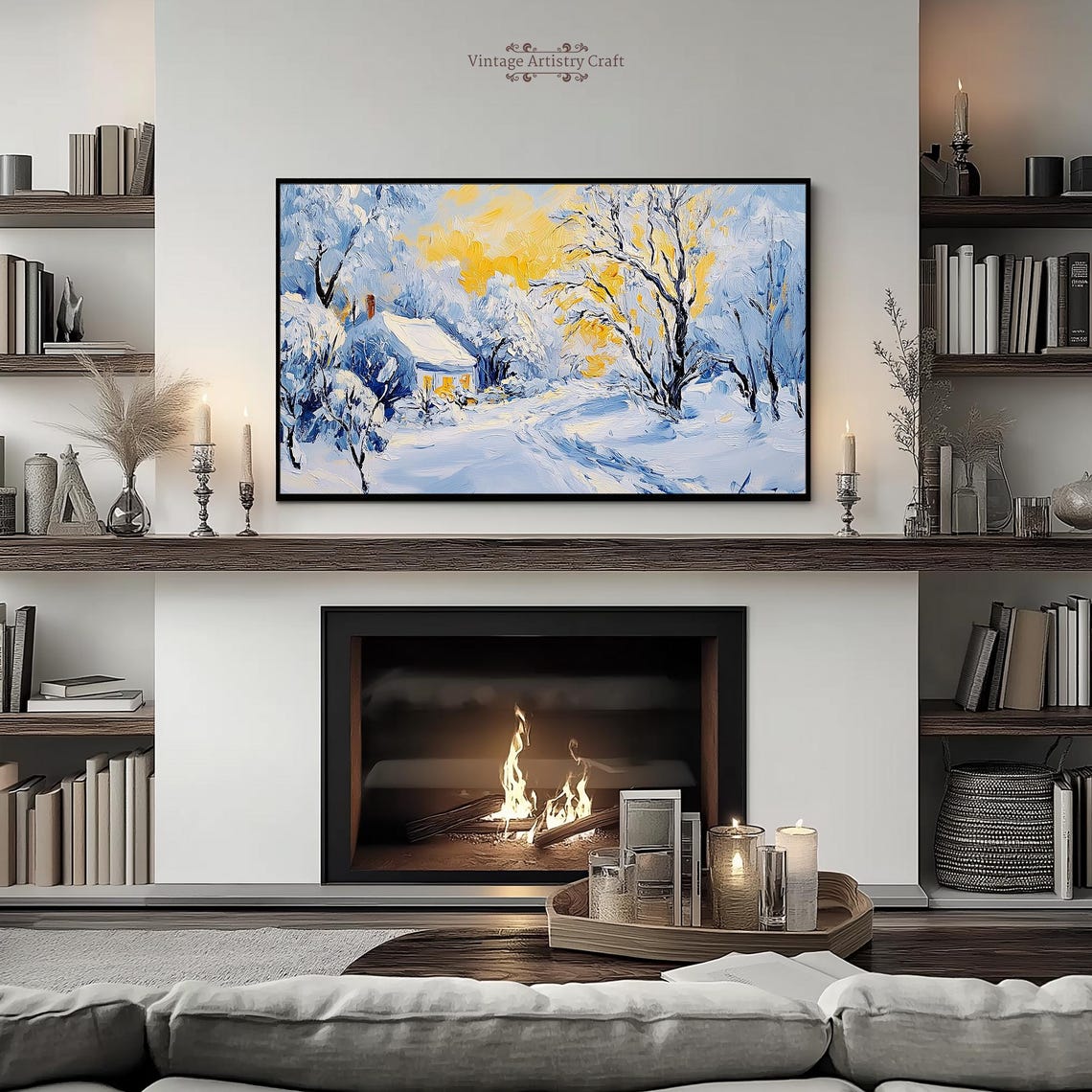 Impressionist Snowy Cottage Golden Sky Winter Village Poster - Image 4
