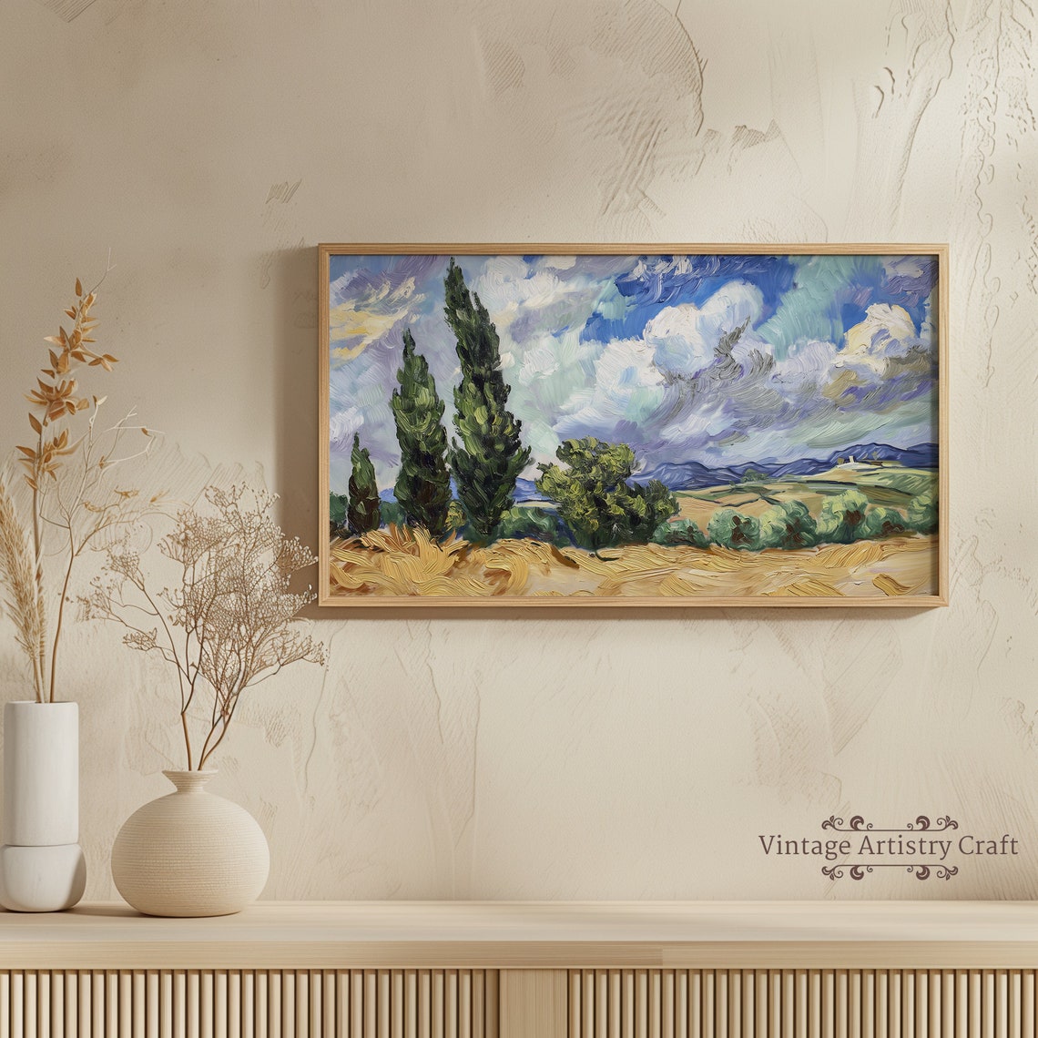 Cypress Trees Golden Wheat Field Van Gogh Style Swirling Sky Poster - Image 7