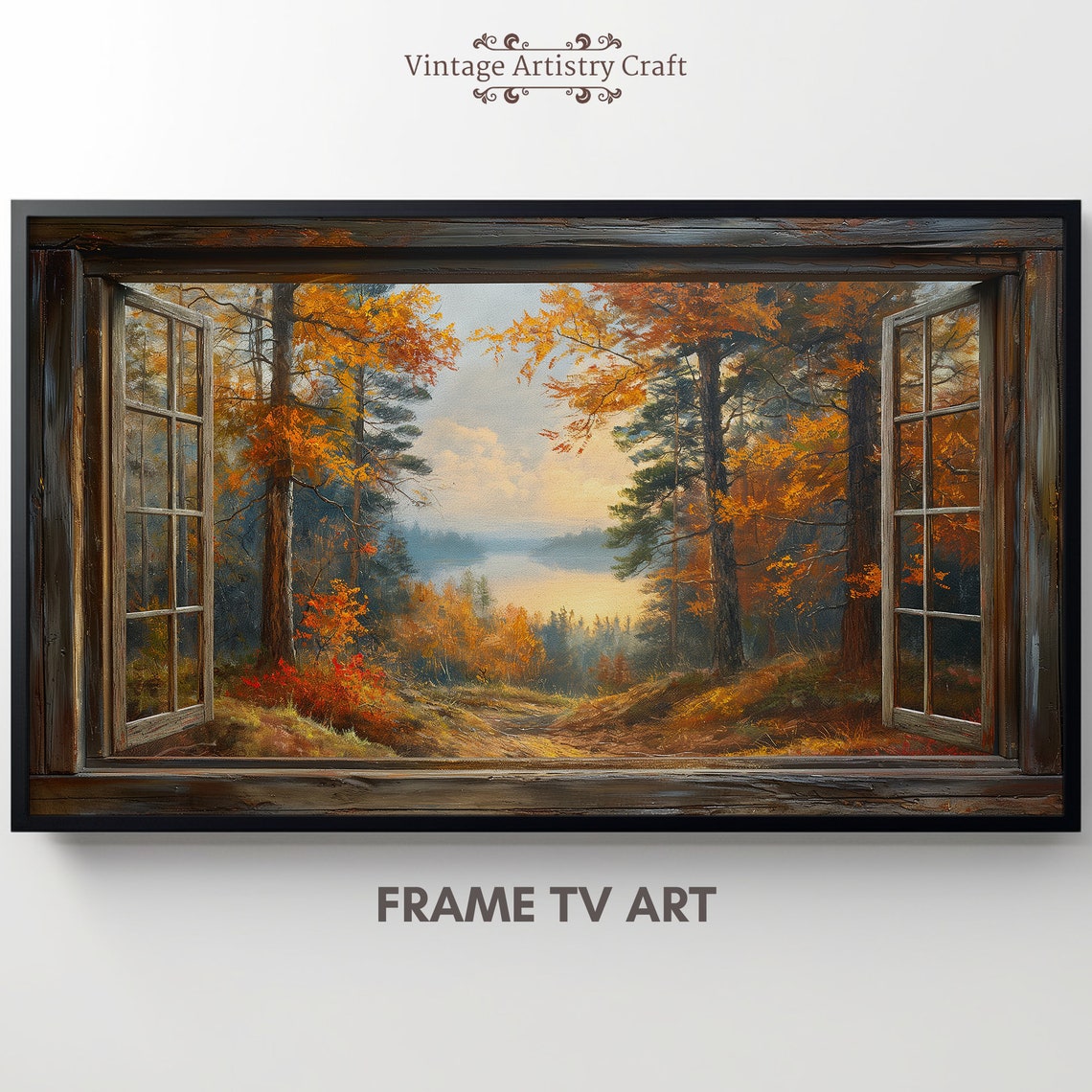 Open Window View Autumn Forest Lake Rustic Fall Landscape Poster