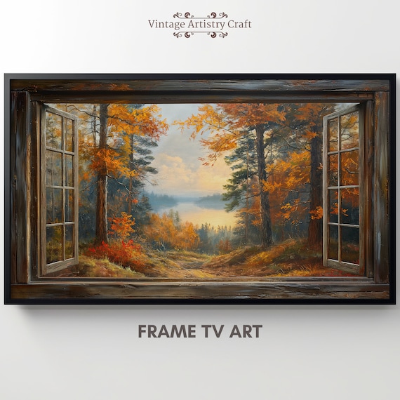 Open Window View Autumn Forest Lake Rustic Fall Landscape Poster