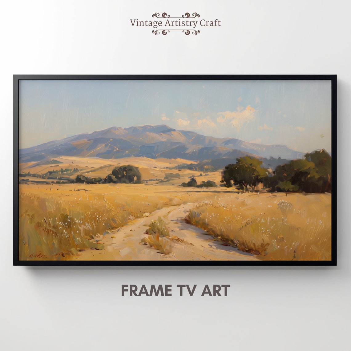 Golden Wheat Field Mountain Path Warm Countryside Landscape Poster