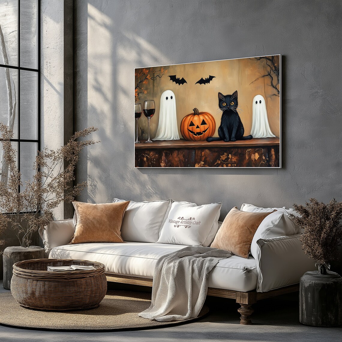 Ghost Pumpkin Black Cat Wine Halloween Vintage Still Life Poster - Image 2