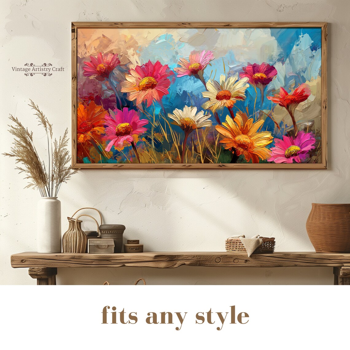 Colorful Daisy Meadow Bold Impasto Flower Oil Painting Poster - Image 4