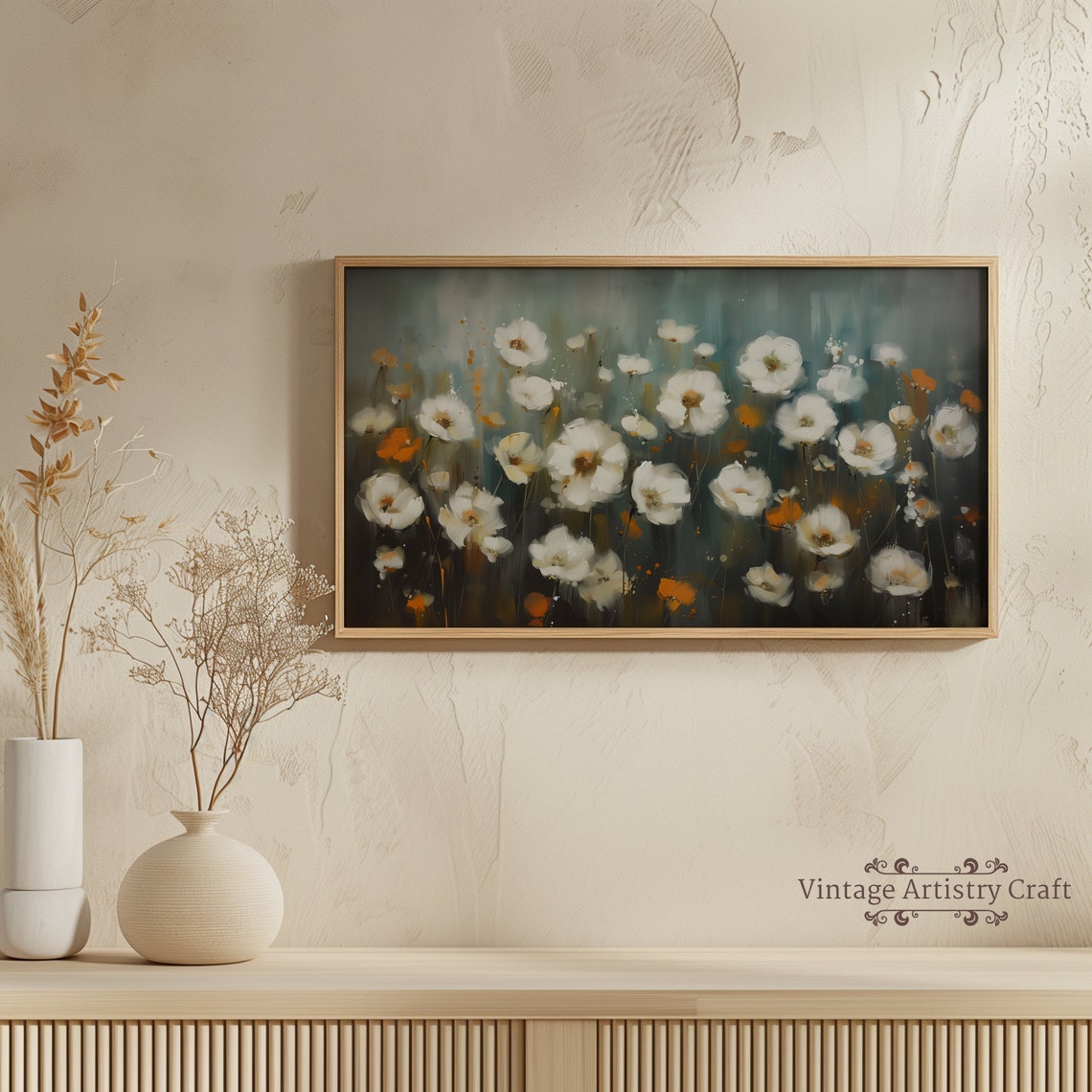 White Wildflowers Navy Background Rustic Summer Meadow Oil Poster - Image 7