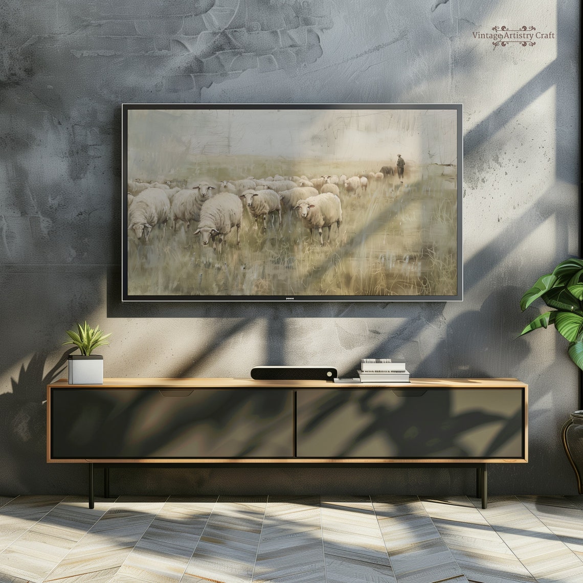 Soft Flock Of Sheep In Golden Grass Vintage Countryside Poster - Image 2