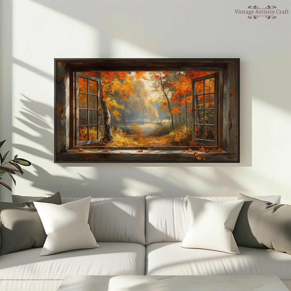 Rustic Window Autumn Forest View Fall Foliage Oil Painting Poster - Image 8