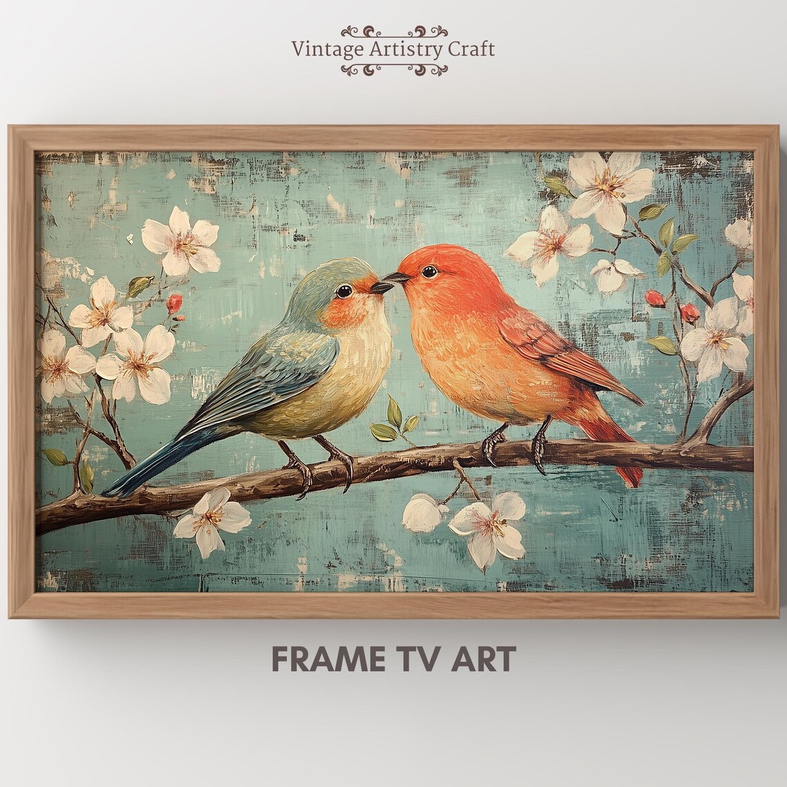Love Birds Blossom Branch Vintage Teal Spring Romance Painting Poster