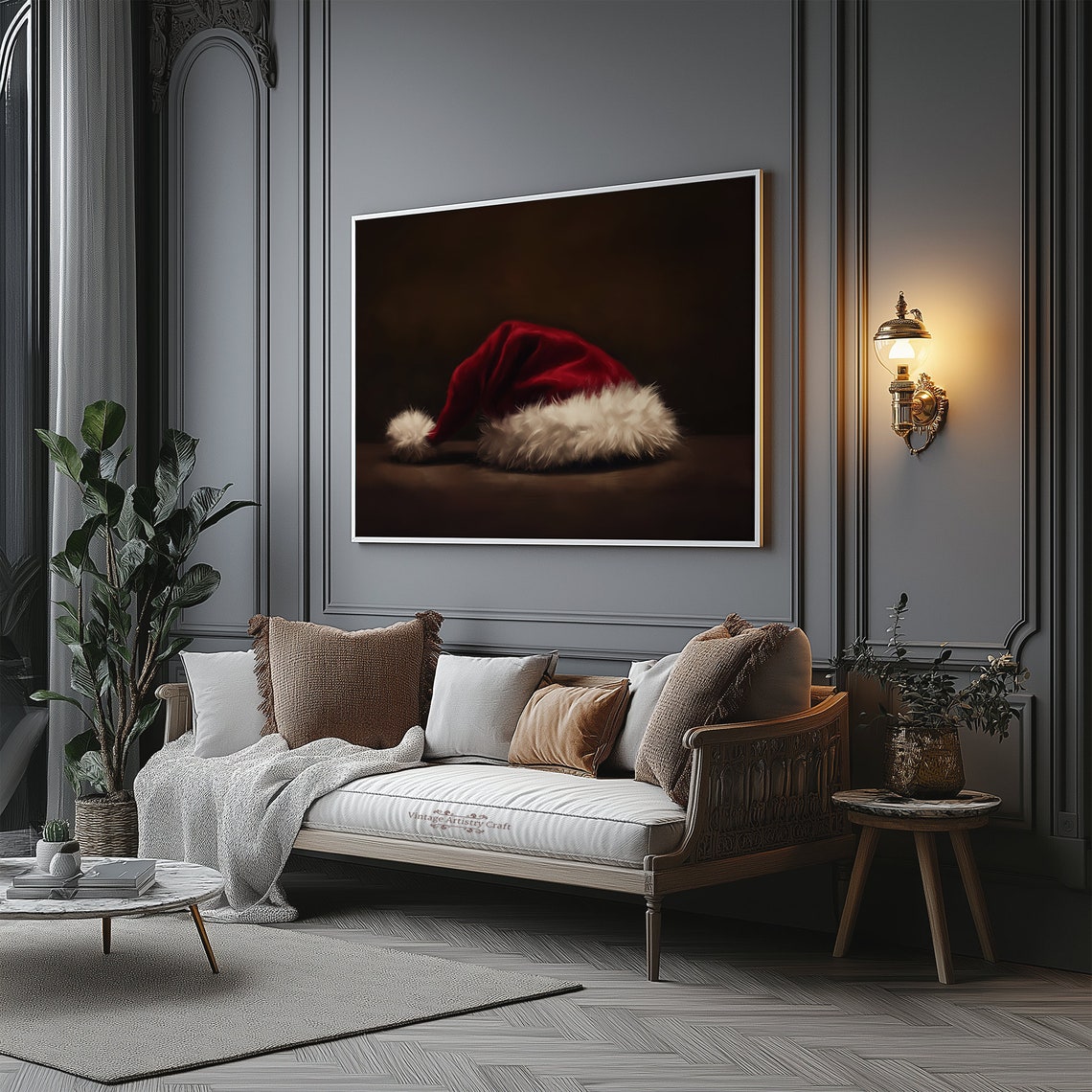 Red Santa Hat Moody Dark Background Vintage Christmas Art Poster - Image 8