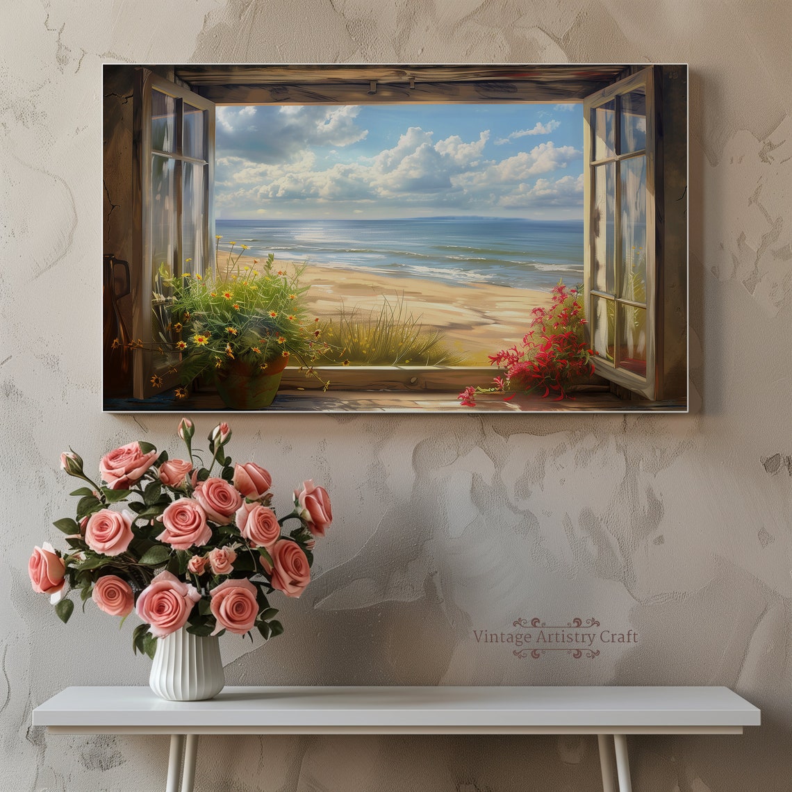 Open Window To Sunny Beach Flower Pots Bright Coastal Poster - Image 6