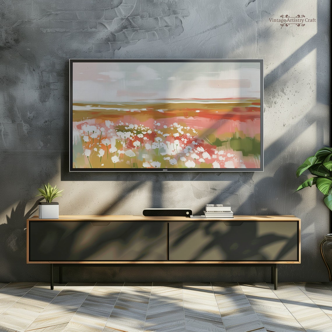 Pink Wildflower Meadow Abstract Textured Spring Landscape Wall Art - Image 5