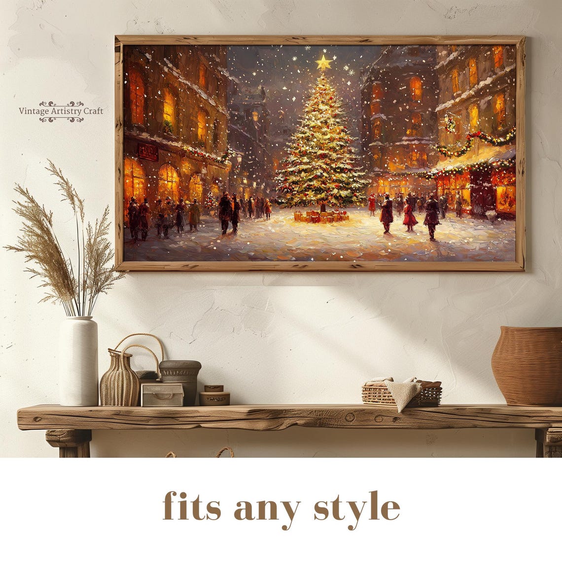 Christmas Tree Gifts Snowy Town Square Winter Night Market Poster - Image 6