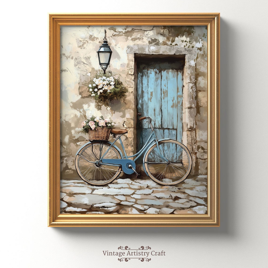 Vintage Blue Bicycle With Flower Basket Old Town Street Poster