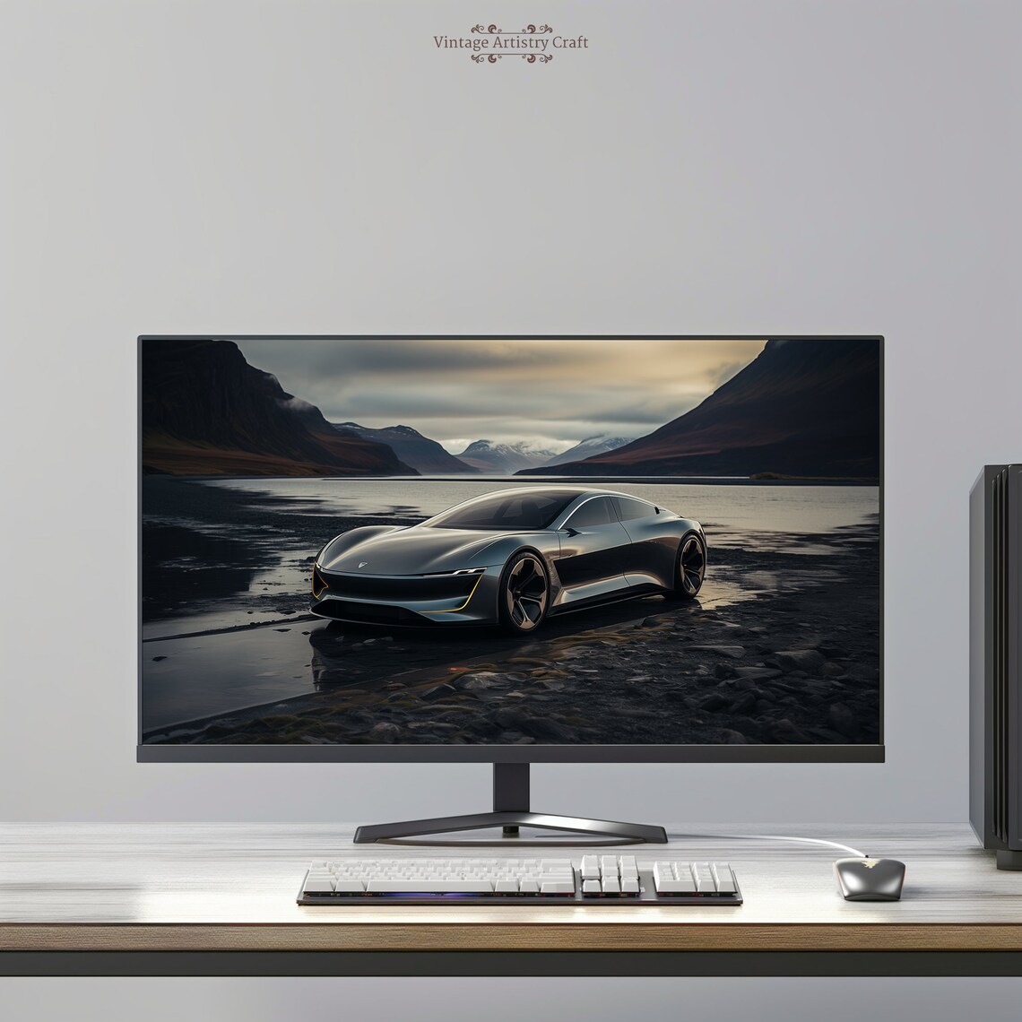 Silver Futuristic Sports Car Mountain Lake Desktop Wallpaper Print
