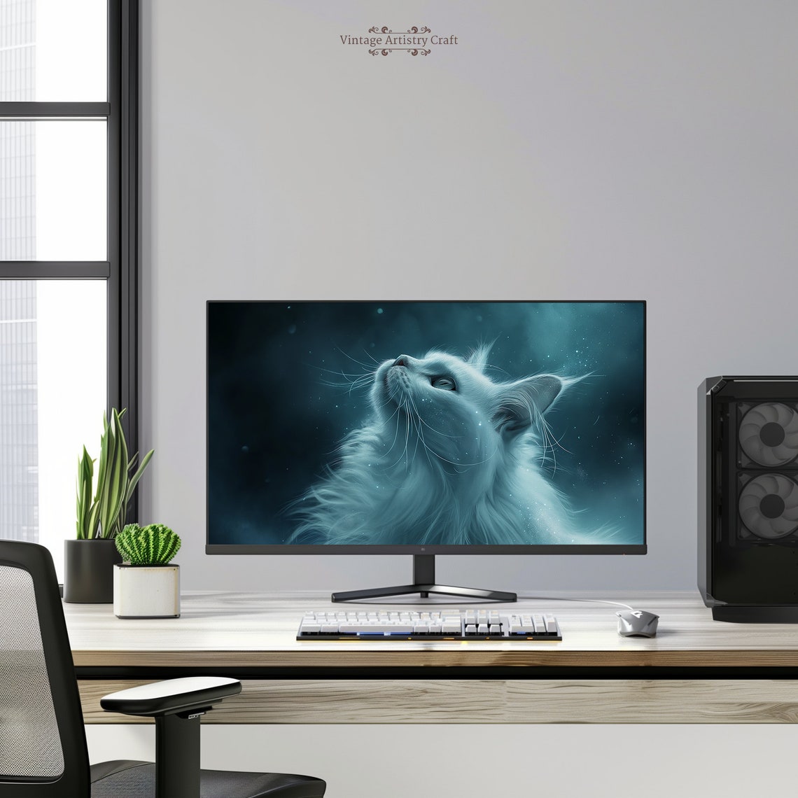 White Cosmic Cat In Starry Nebula Fantasy Desktop Art Poster - Image 7