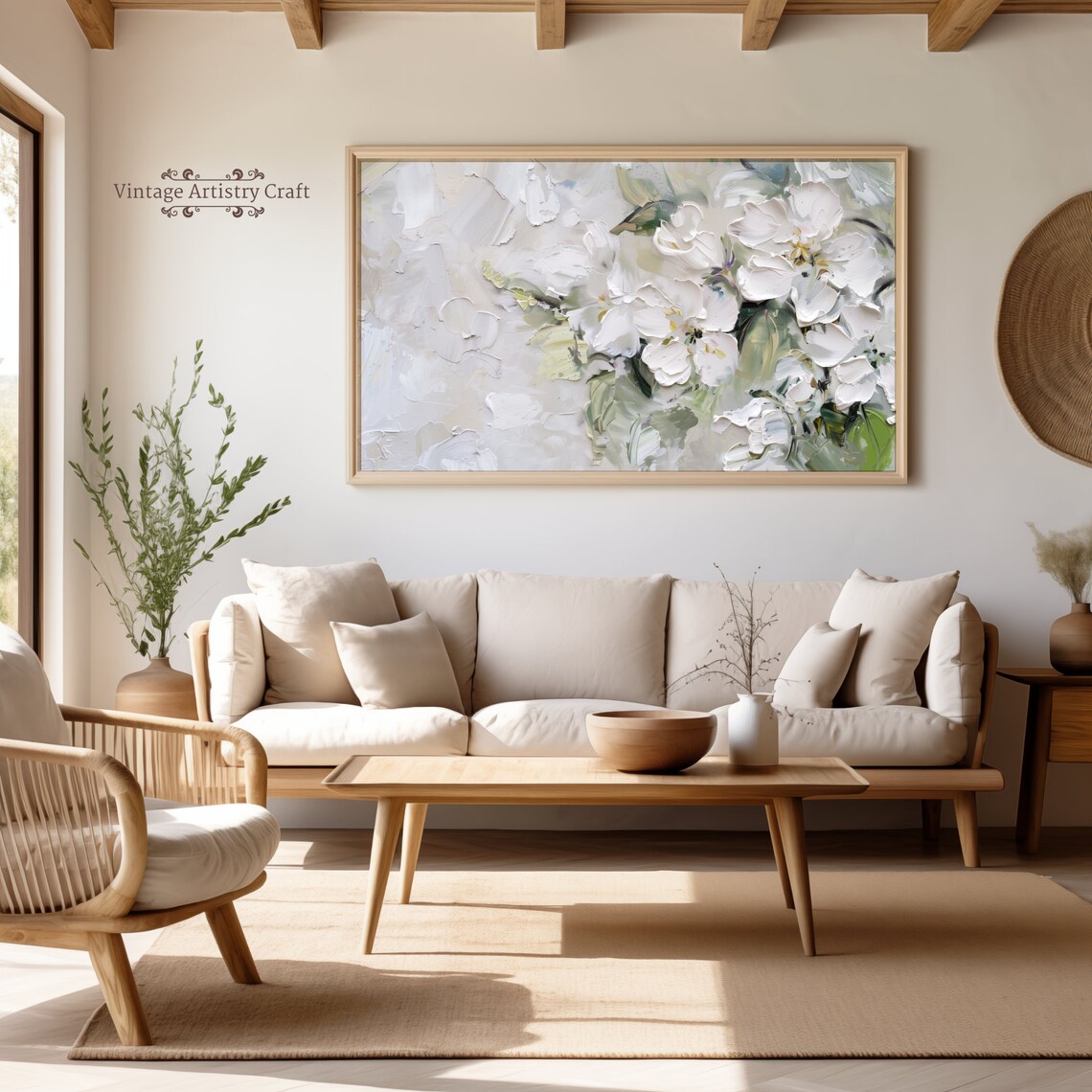 White Blossom Abstract Impasto Floral Painting Soft Botanical Wall Art - Image 2