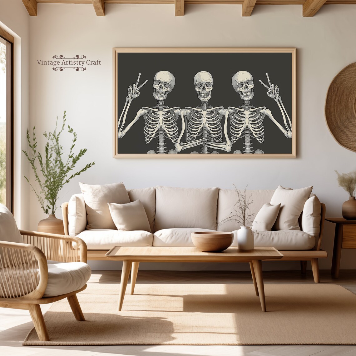 Funny Skeletons Trio Peace Signs Retro Halloween Spooky Poster - Image 5
