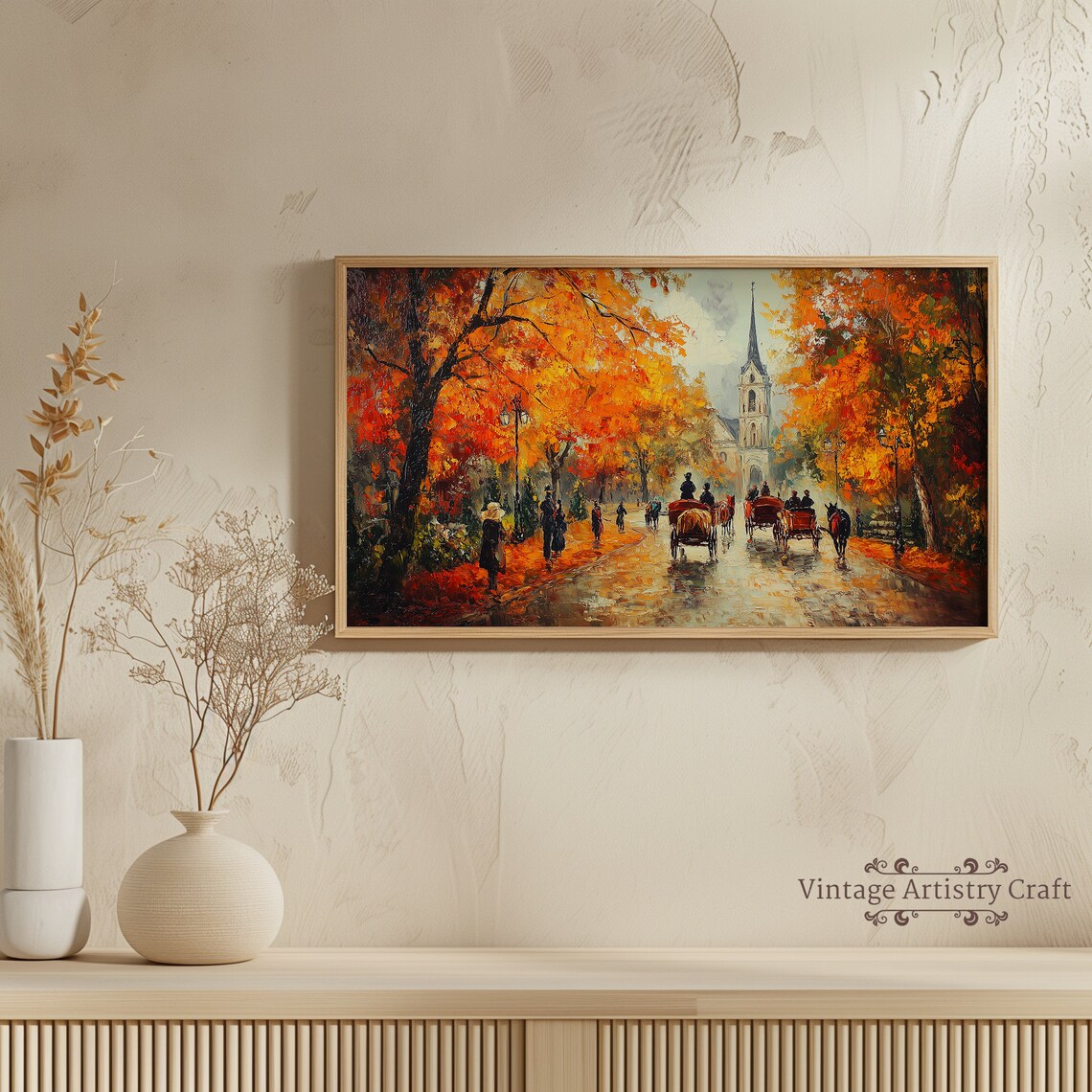 Textured Autumn Horse Carriage Vintage Oil Art Print - Image 5