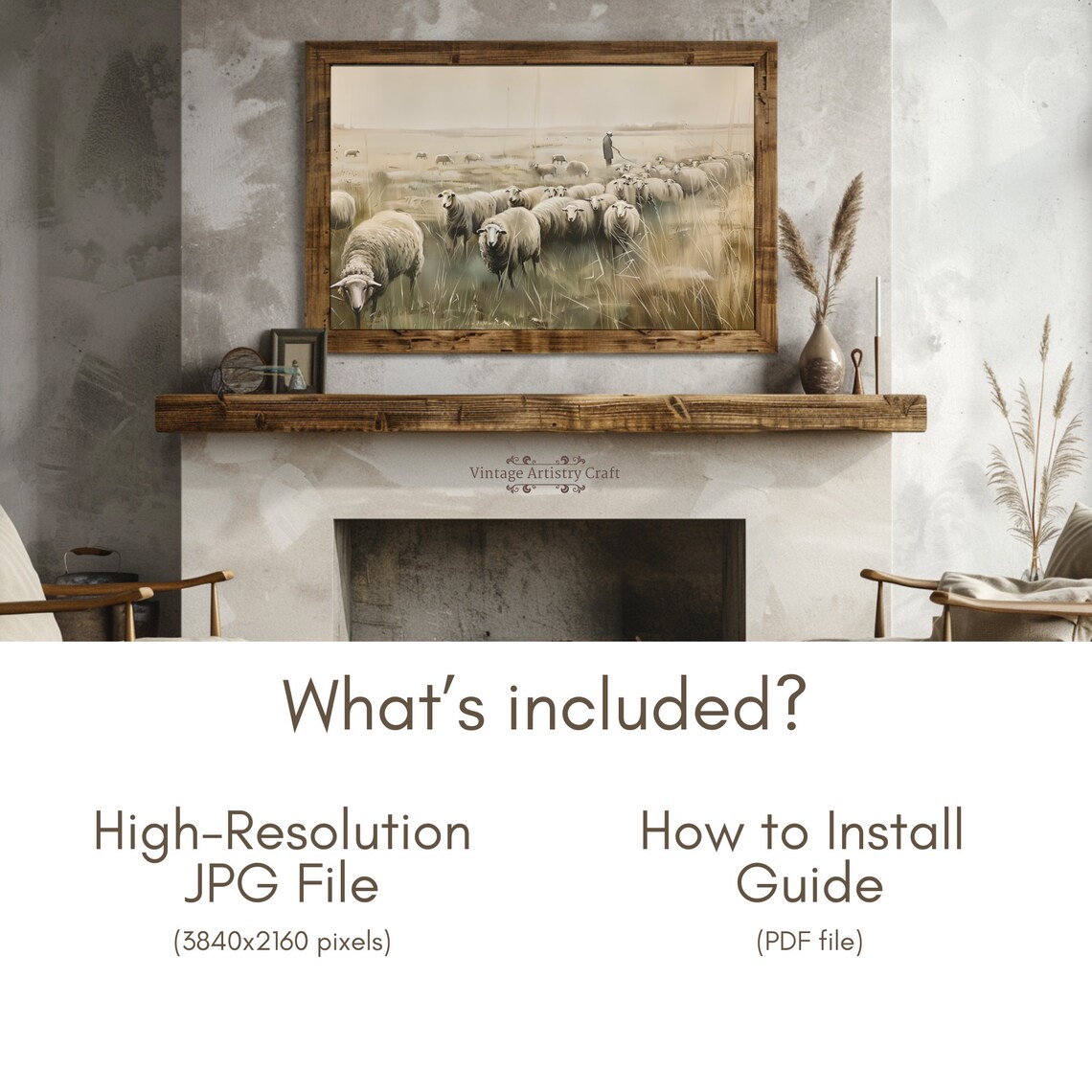 Sheep Flock In Misty Field Pastoral Vintage Painting Art Poster - Image 4