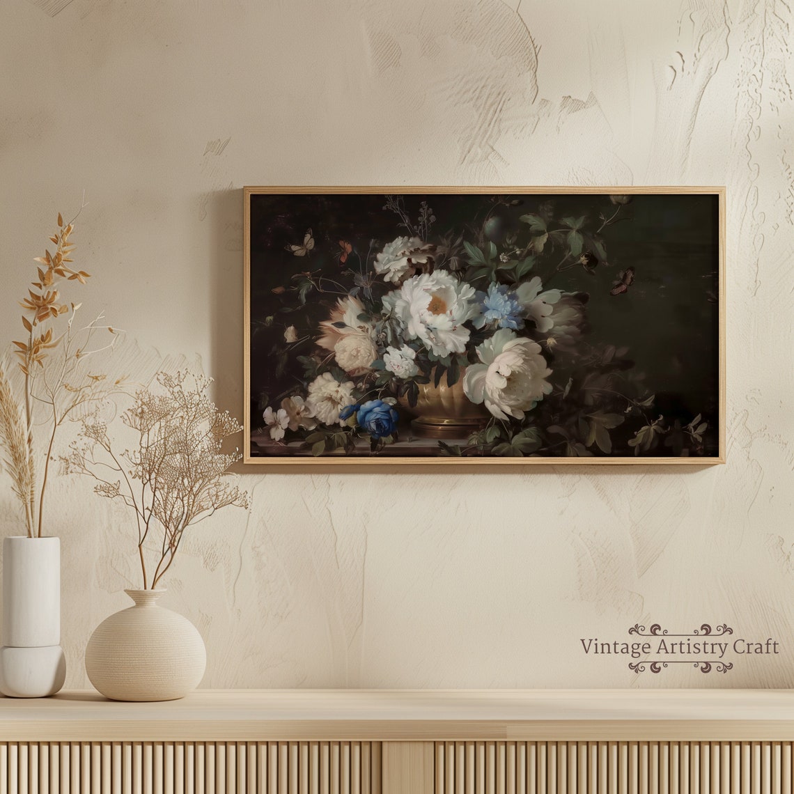 Frame Tv Art White Moody Flowers Moody Floral Tv Background Frame Tv Art Vintage Flower Still Life Farmhouse Painting Dark - Image 7