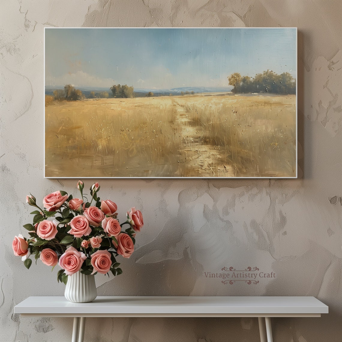 Golden Grass Field Under Blue Sky Minimalist Landscape Poster - Image 3