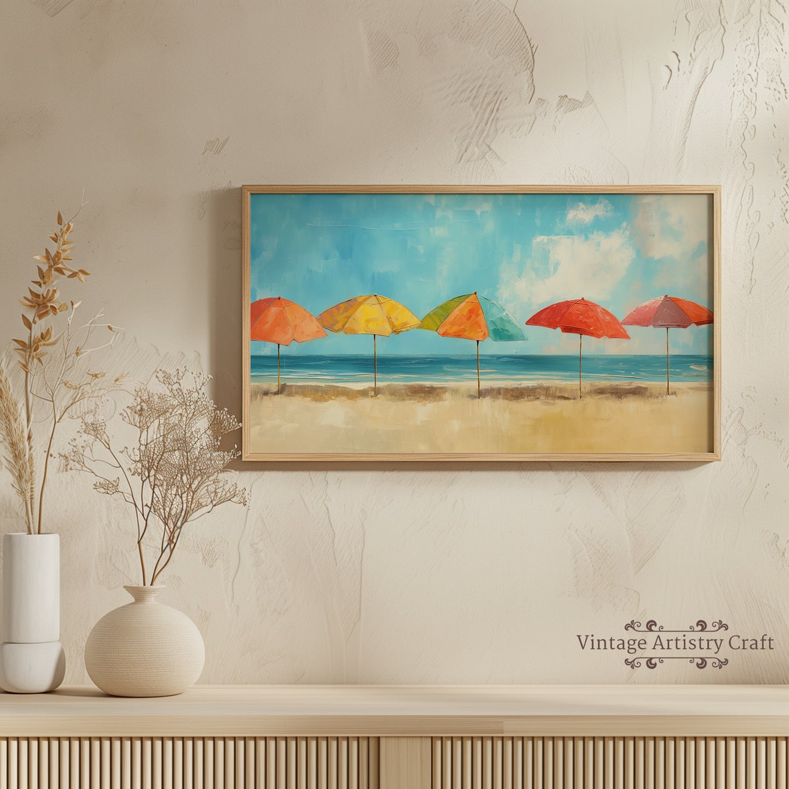Colorful Beach Umbrellas Sandy Shore Summer Coastal Painting Poster - Image 5