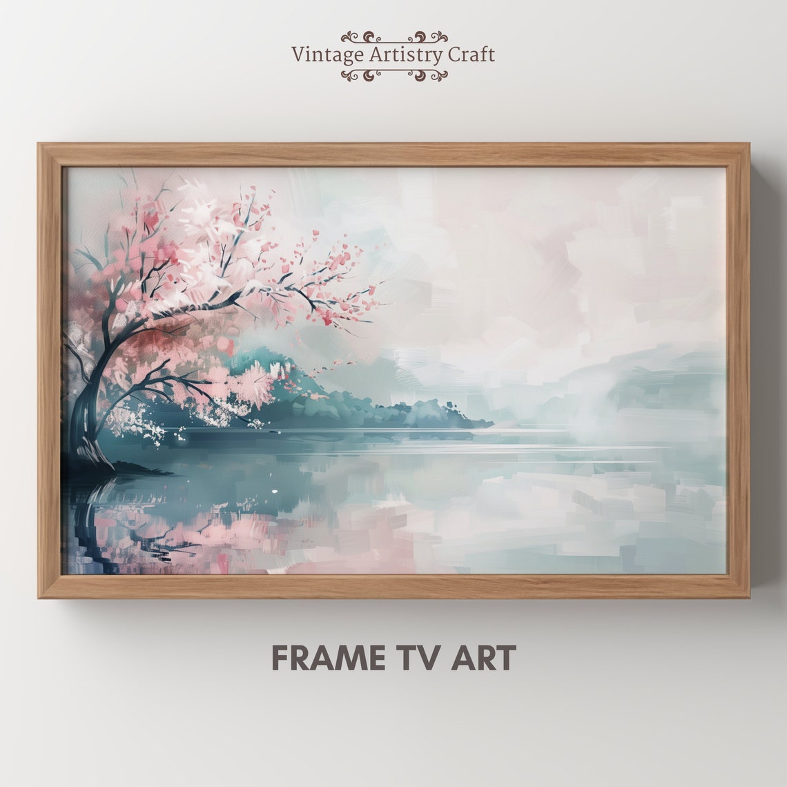 Cherry Blossom Tree Over Misty Lake Soft Pink Spring Painting Poster - Image 7