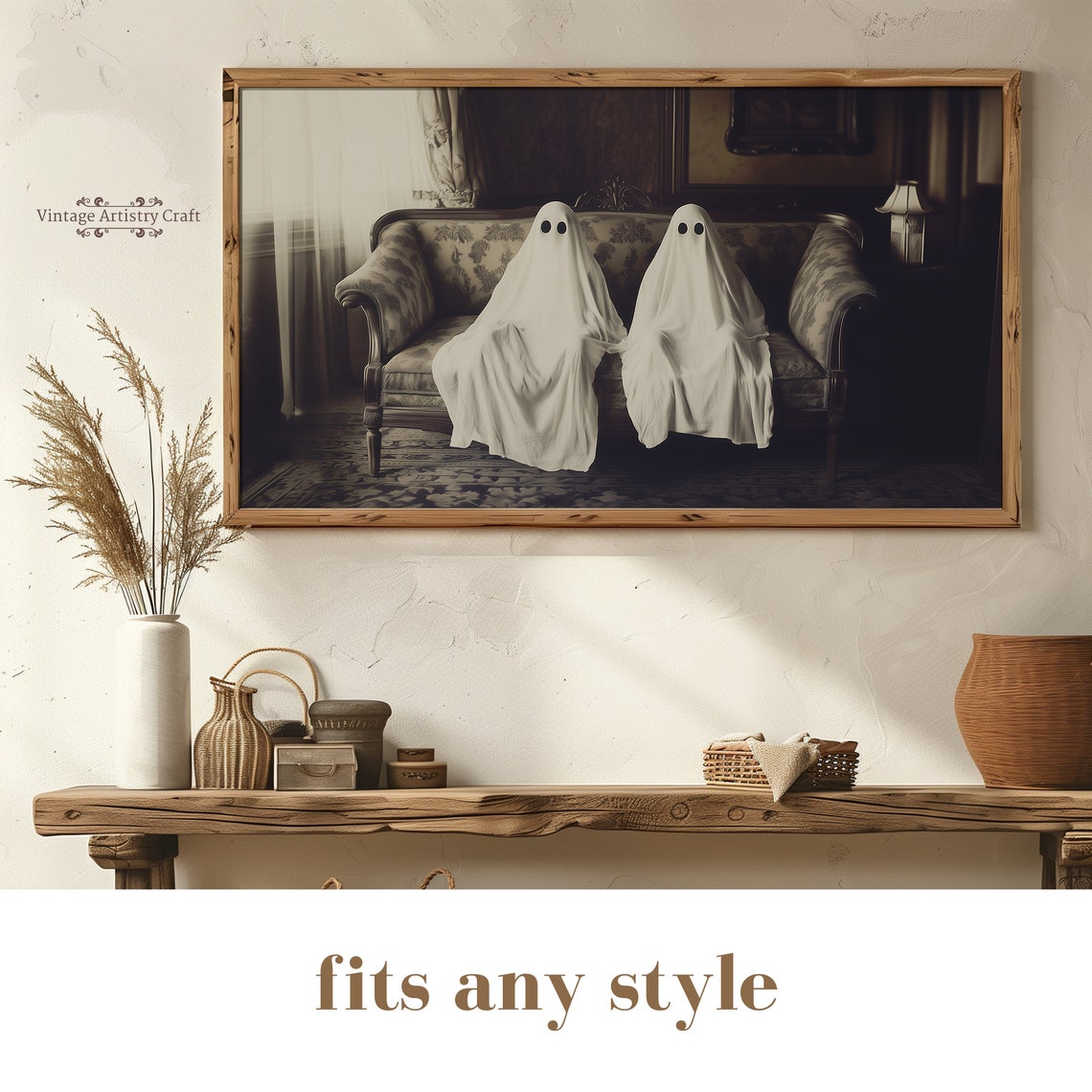 Two Ghosts Vintage Sofa Dark Interior Spooky Halloween Art Poster - Image 6