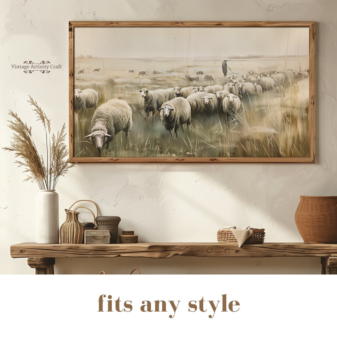 Sheep Flock In Misty Field Pastoral Vintage Painting Art Poster - Image 5