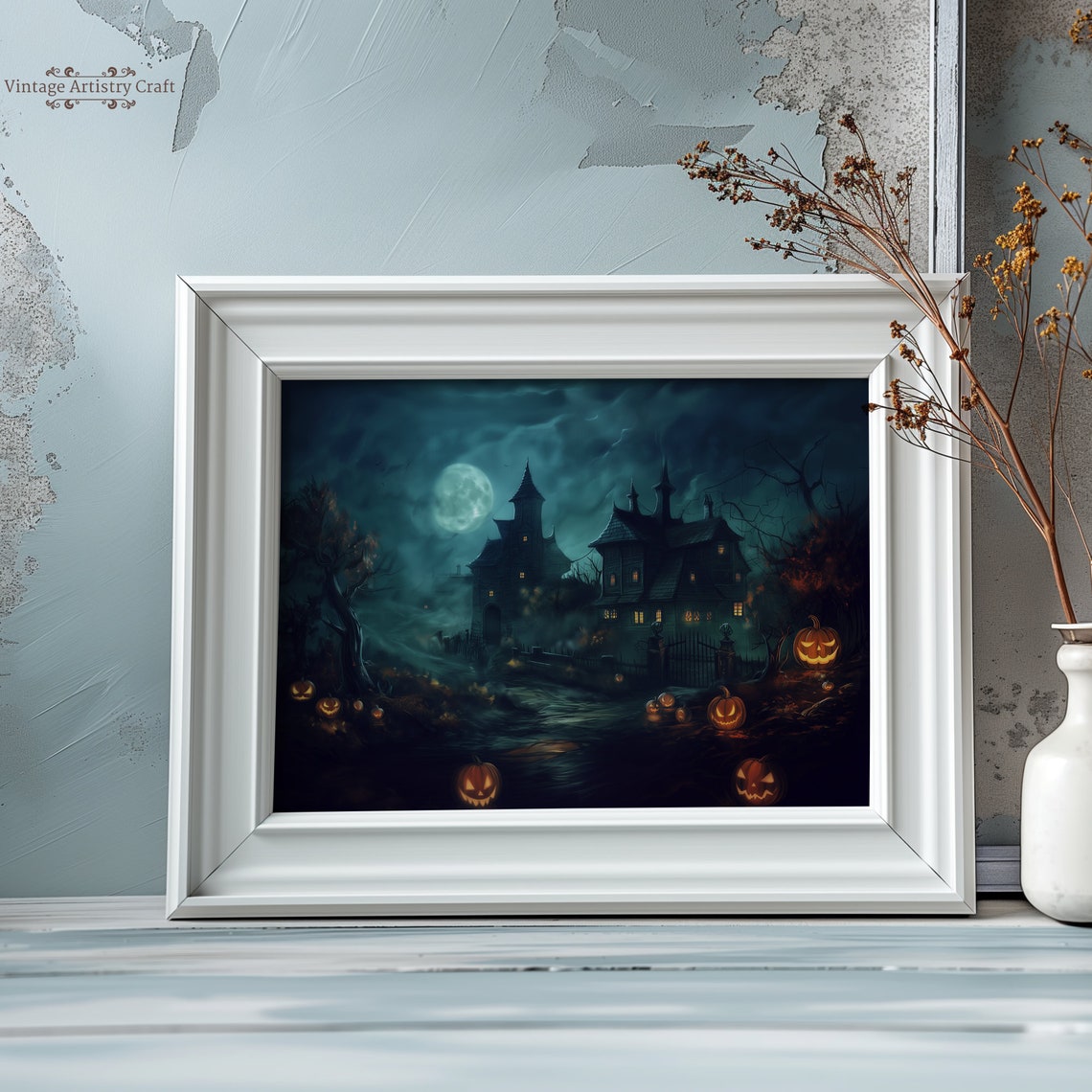 Haunted House Halloween Vintage Moonlit Spooky Pumpkins Poster - Image 3