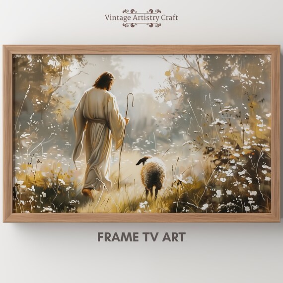 Jesus the Good Shepherd With Lost Sheep Christian Painting Poster
