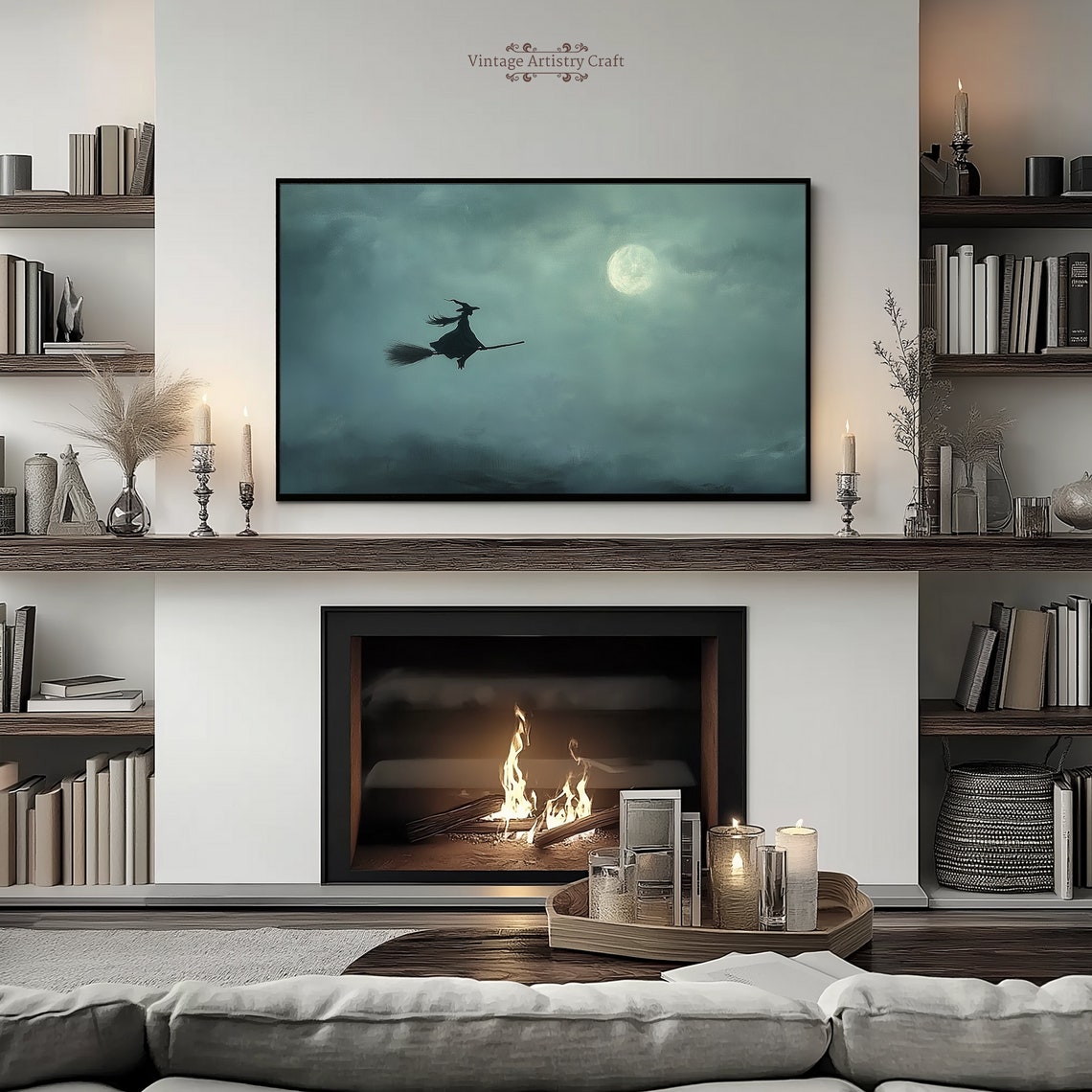 Witch Flying Broomstick Full Moon Night Sky Spooky Halloween Poster - Image 5