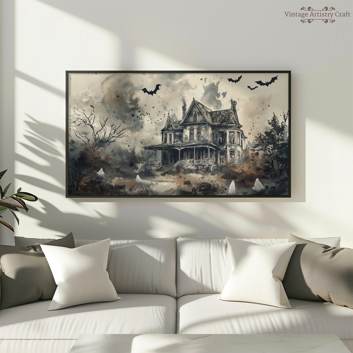 Watercolor Haunted House Ghosts Bats Spooky Manor Halloween Poster - Image 4