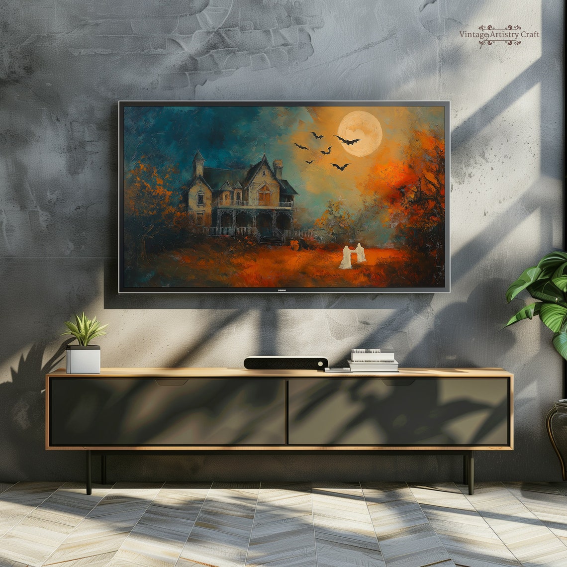 Victorian House Ghosts Bats Full Moon Orange Teal Halloween Poster - Image 4