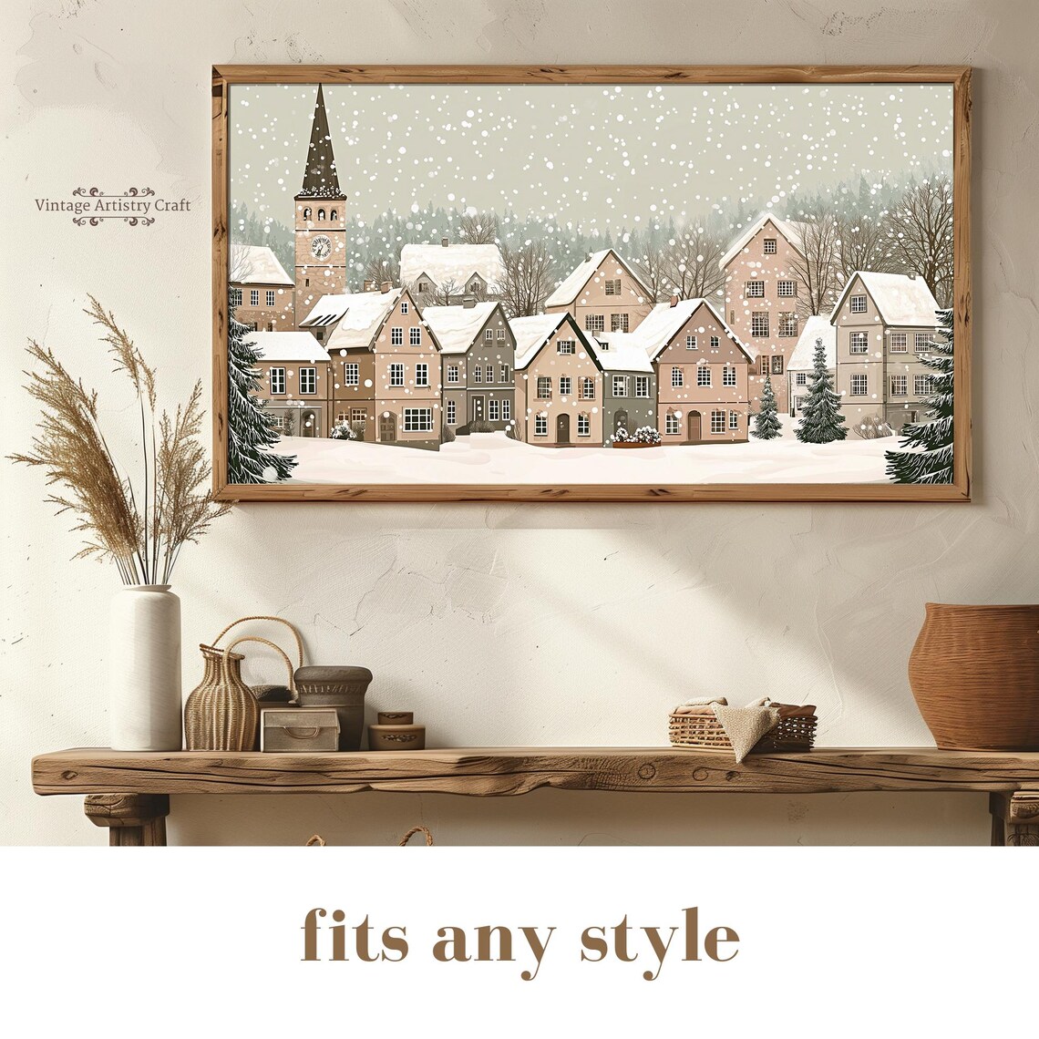 Snowy Village Church Tower Falling Snow Cozy Winter Scene Poster - Image 8