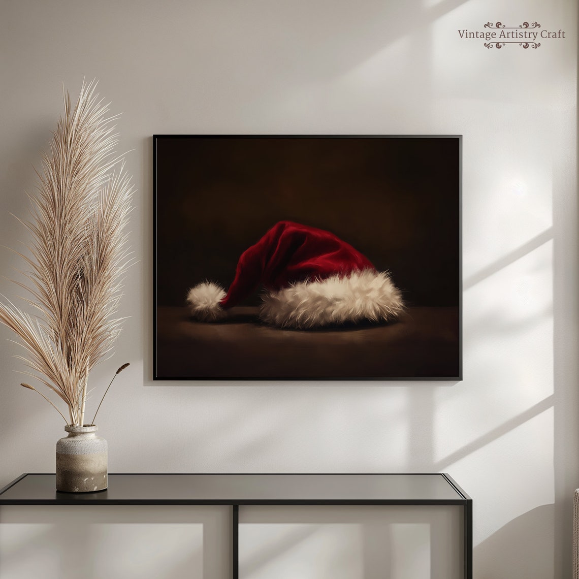 Red Santa Hat Moody Dark Background Vintage Christmas Art Poster - Image 3